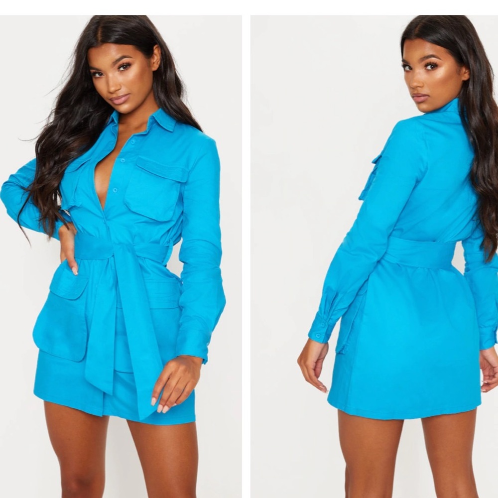 Blue Utility Tie Waist Shirt Dress